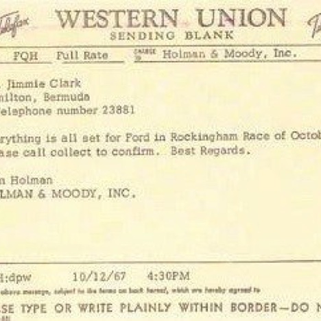 Telegramme de Jim Holmann à Jim Clark...